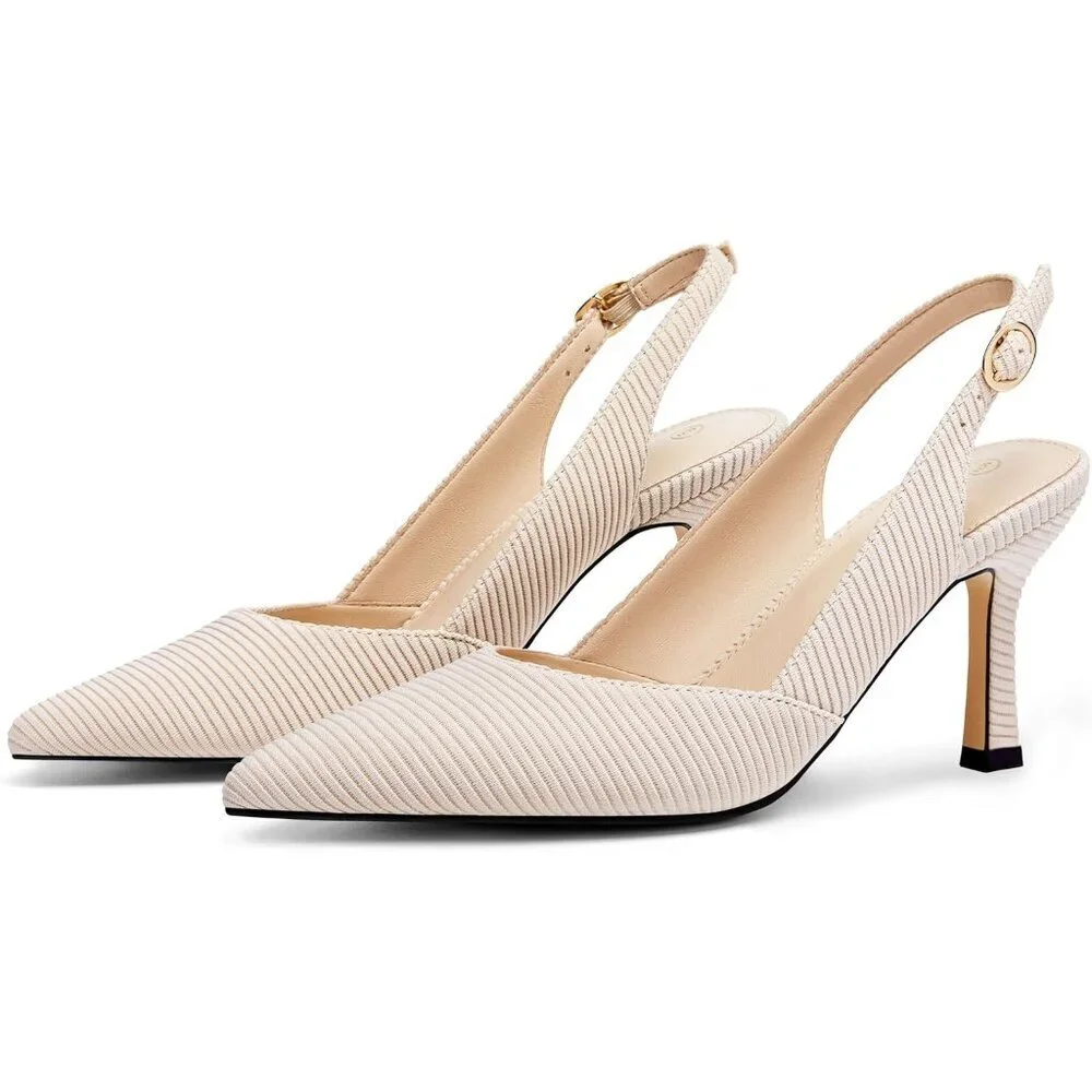 Women's Beige Kitten Heels Closed Pointed Toe Wedding Party Dress Pumps